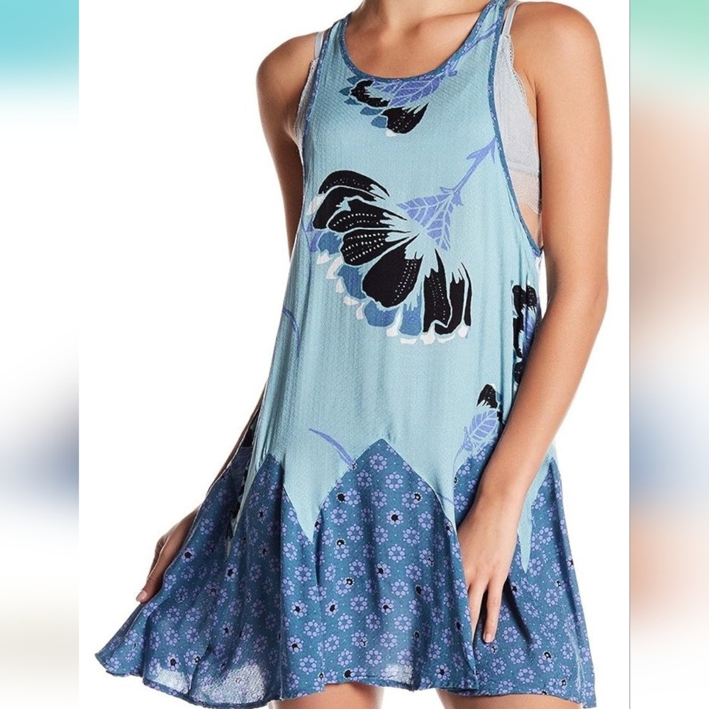Free People Someone Like You Printed Slip Mini Blue Dress (S)